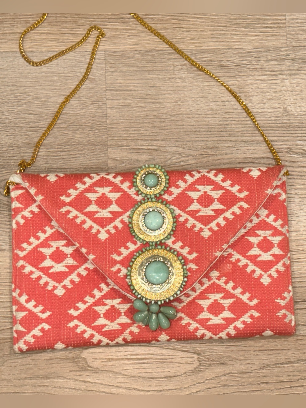 Coral Patterned Envelope Clutch with Mint Jewel Accents